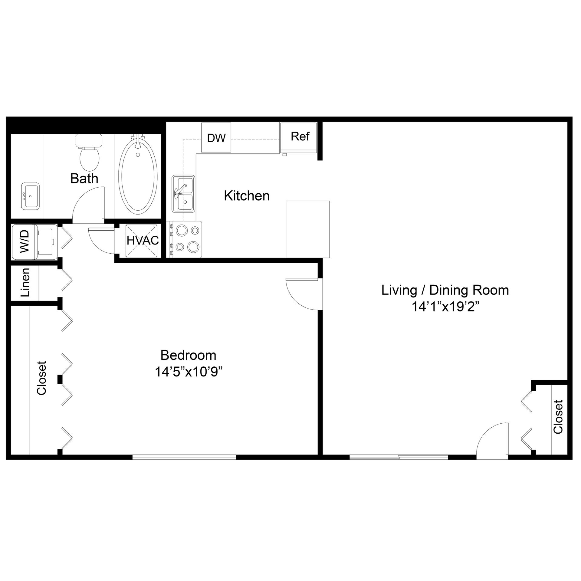 2D floor-plan drawing, The Grotto — 1 Bed | 1 Bath, 688 sq ft.
