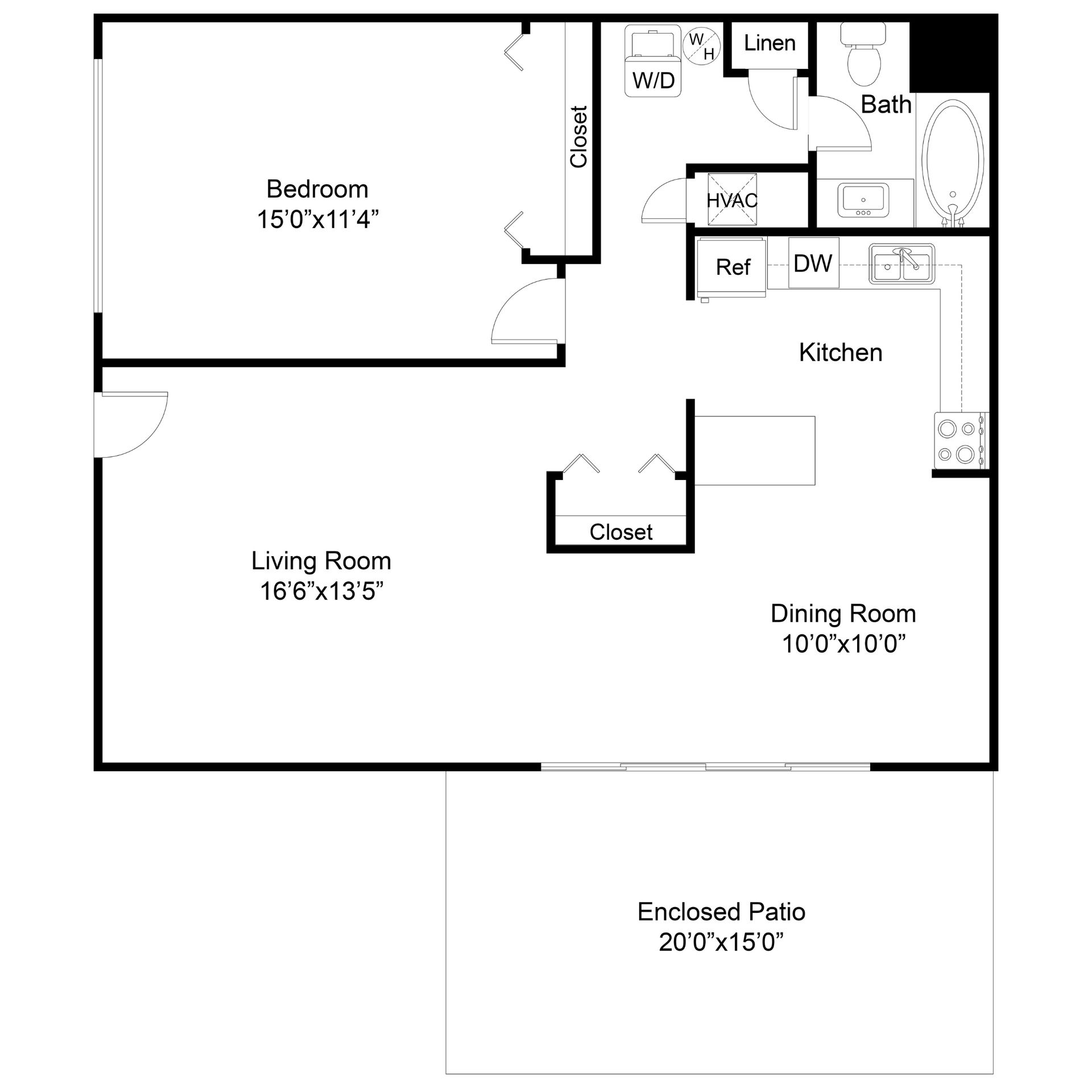 2D floor-plan drawing, The Hideaway — 1 Bed | 1 Bath, 850 sq ft.