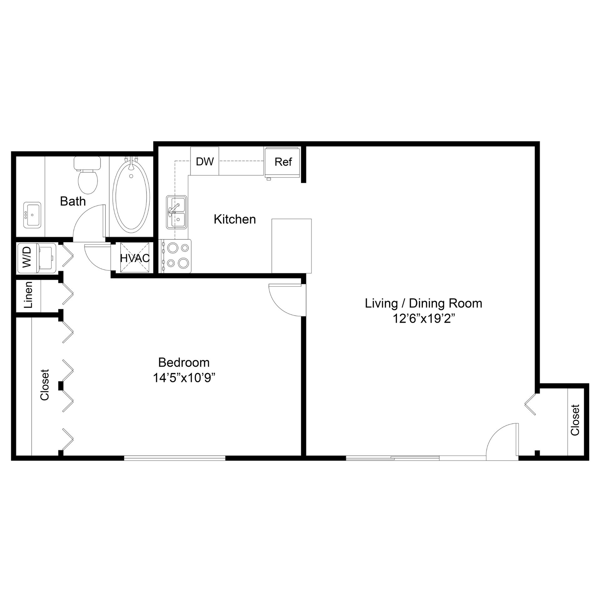 2D floor-plan drawing, The Cove — 1 Bed | 1 Bath, 650 sq ft.